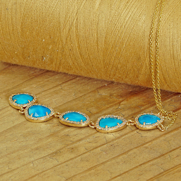 Solid 14k Yellow Gold Genuine Turquoise Pendant Necklace Diamond Pave Jewelry