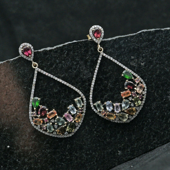 Genuine Pave Diamond Multi Tourmaline Dangle Earrings 14k Gold Silver Jewelry