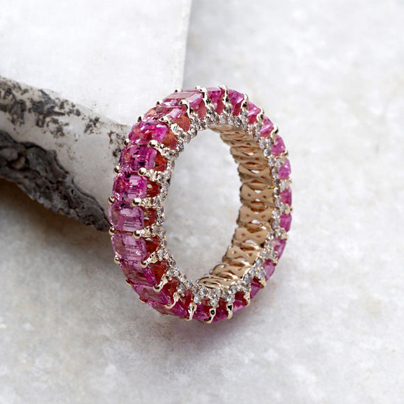 14k Gold Genuine Baguette Pink Sapphire Band Ring Pave Diamond Gemstone Jewelry