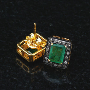 Natural Emerald Diamond Stud Earrings 925 Silver Gold Plating Ear Studs Jewelry