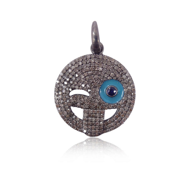 Natural Pave Diamond Sapphire Enamel 925 Sterling Silver Emoji Pendant Jewelry