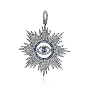 Blue Sapphire Pave Diamond Evil Eye Pendant 925 Sterling Silver Handmade Jewelry