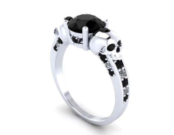 Classic 1.50Ct Black Round Cut Skull Engagement Wedding Ring 925 Sterling Silver