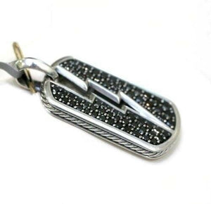 HipHop Style Lucky Pendant Dog Tag Thunder Design Black Diamond Sterling Silver