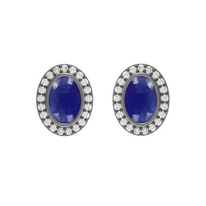 Natural Sapphire Pave Diamond 925 Silver Oval Stud Earrings Jewelry EA-473SW