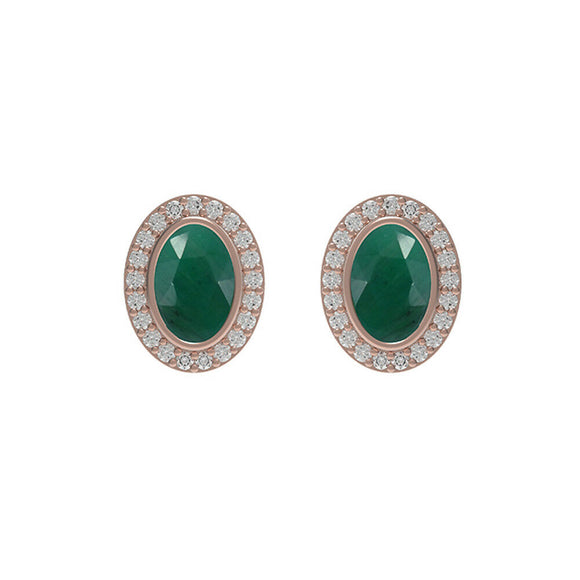 Natural Emerald Oval Pave Diamond 14k Rose Gold Stud Earrings Jewelry EA-473R