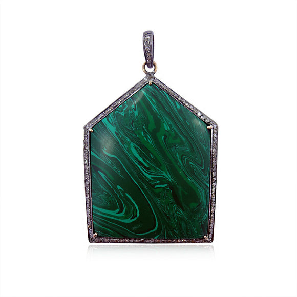 Natural Green Malachite Pave Diamond Solid 925 Silver Handmade Pendant Jewelry