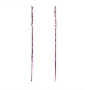 Natural Pink Sapphire Gemstone 14k Yellow Gold Long Bar Earrings Women's Jewelry