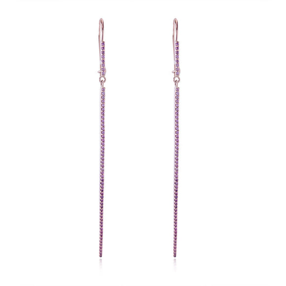 Natural Pink Sapphire Gemstone 14k Yellow Gold Long Bar Earrings Women's Jewelry