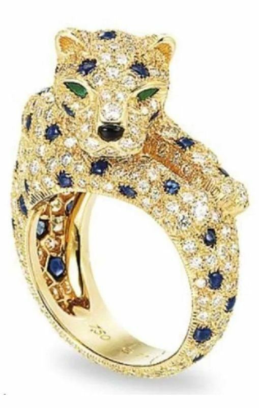 Beautiful Multicolor Golden Jaguar Party Engagement Wedding Ring Sterling Silver