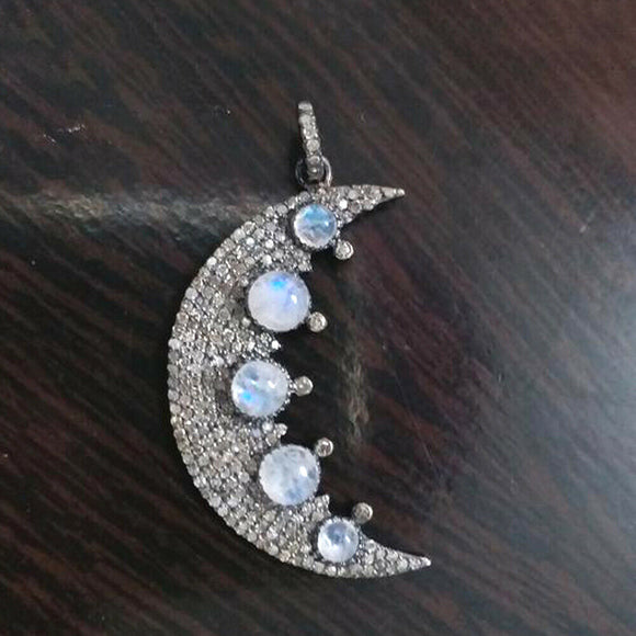 Natural Pave Diamond Moonstone Half Moon Pendant Sterling Silver Jewelry GIFTS