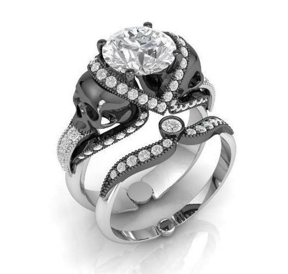 Unique Black Skull 2.6Ct White Round Engagement Ring Wedding Set Sterling Silver