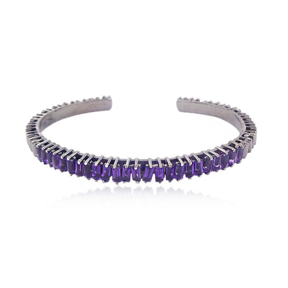 Natural Purple Amethyst Baguette Gemstone 925 Sterling Silver Bangle Jewelry