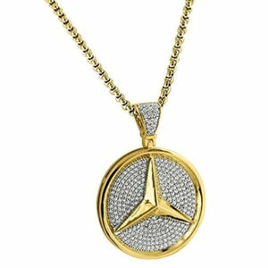 HipHop Style Mercedes Pendant Diamond Studded Luxurious Gift Yellow Gold Finish