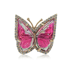 Genuine Pave Diamond Pink Tourmaline Butterfly Ring 14k Yellow Gold Jewelry GIFT