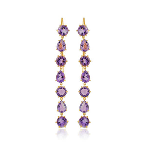 Natural Purple Amethyst Long Dangle Earrings Gold Plating Solid Silver Jewelry