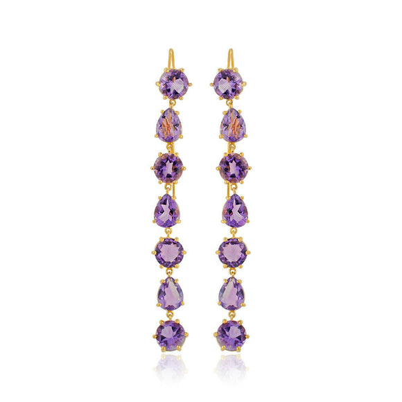 Natural Purple Amethyst Long Dangle Earrings Gold Plating Solid Silver Jewelry