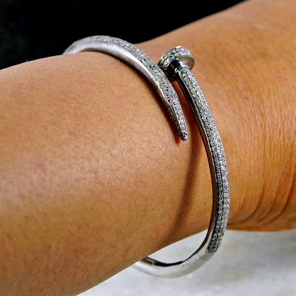 Natural Pave Diamond Openable Bangle 925 Solid Silver Nail Bracelet Jewelry