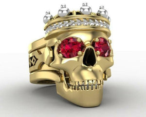 Vintage King Skull Crown Golden Engagement Ring Wedding 925 Sterling Silver Ring