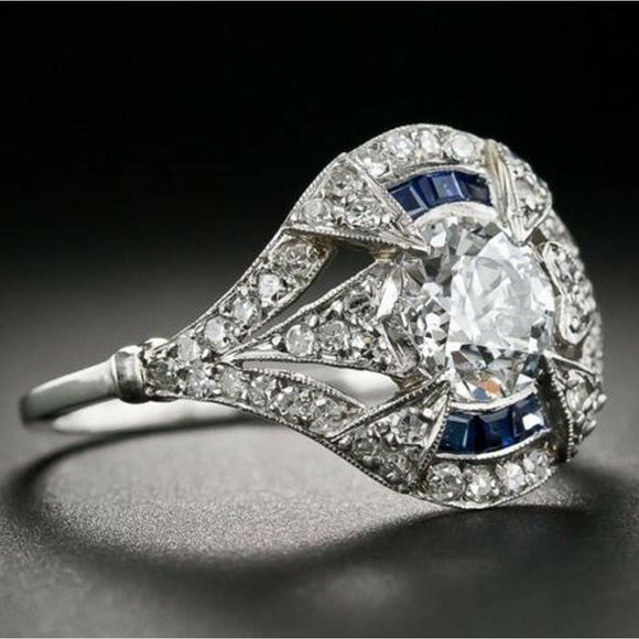 Art Deco Off White Round Cut 4CT Moissanite Diamond Engagement 925 Silver Ring