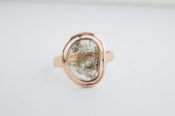 1.015ct 14k Rose gold filled 925 Sterling Silver Brown Slice Diamond Ring with hammered band, Natural Diamond, Slice Diamond Women Rings