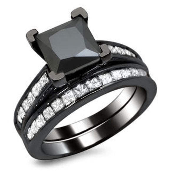 2.40Ct Black Princess Cut Engagement Ring Wedding Band Set Black Sterling SilverListed for charity