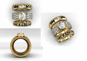 Unique Batman Batgirl Classic Engagement Wedding Ring Set 925 Sterling Silver