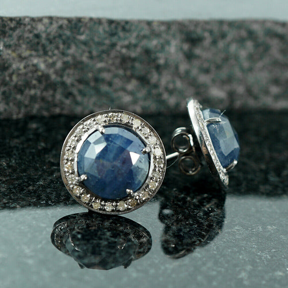 Genuine Pave Diamond Blue Sapphire Stud Earrings Silver Victorian Style Jewelry