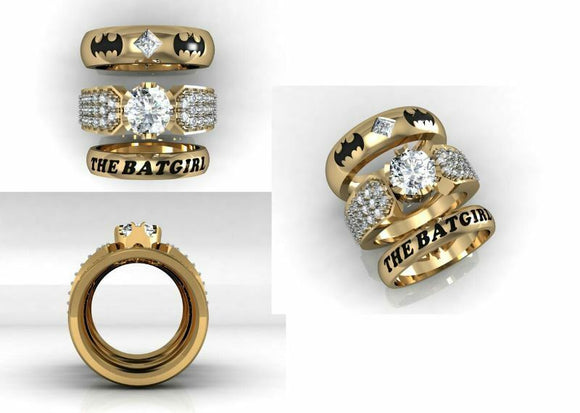 Unique Batman Batgirl Classic Engagement Wedding Ring Set 925 Sterling Silver