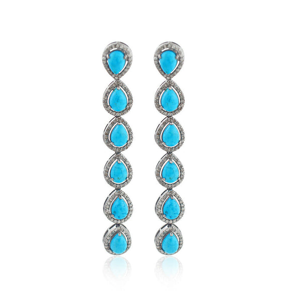 Natural Pave Diamond Turquoise Dangle Earrings 925 Silver Gold Gemstone Jewelry