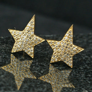 Yellow Gold Plating 925 Silver Genuine Pave Diamond Star Stud Earrings Jewelry