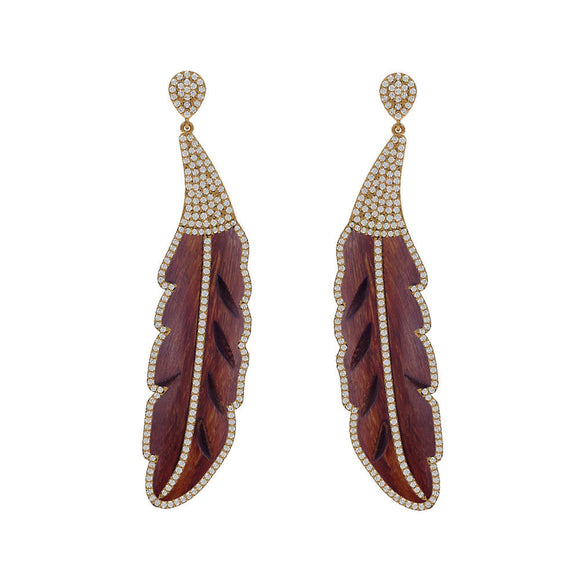 Natural Pave Set Diamond Wood Carving Feather 14k Yellow Gold Earrings Jewelry