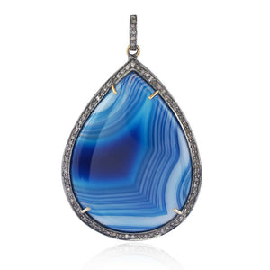 Blue Agate Gemstone Pave Diamond 925 Silver 18" Chain Pendant Jewelry PEMJ-660