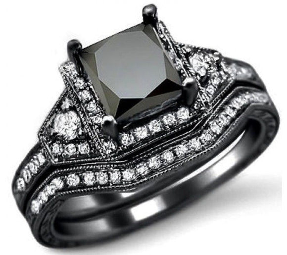 Black Princess Cut 2.2Ct Vintage Engagement Wedding Ring Set 925 Sterling Silver