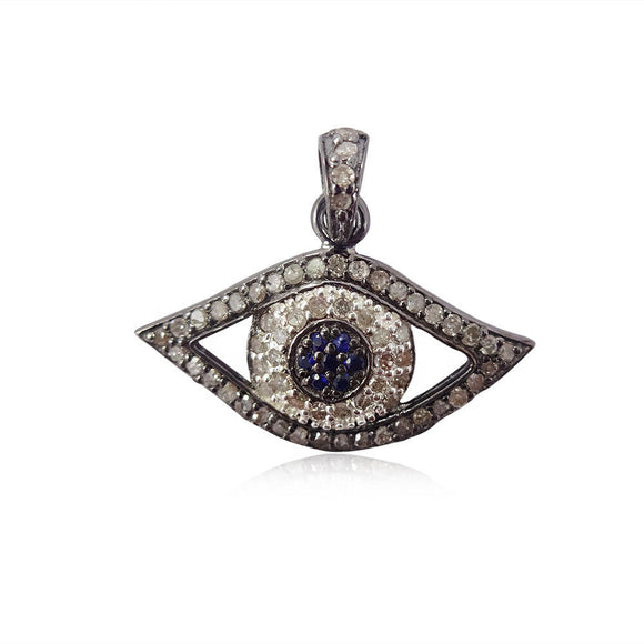 0.535ct Exotic Pave Diamond Blue Sapphire 925 Silver Evil Eye Pendant Jewelry