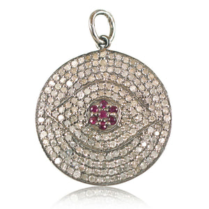 Pave Genuine Diamond Ruby 925 Sterling Silver Evil Eye Pendant Religious Jewelry