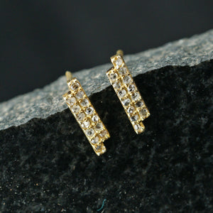 Natural Diamond Pave Double Bar Stud Earrings Gold Plated 925 Silver Jewelry