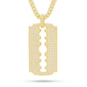 White Synthetic diamond Double-Edge Razor Blade Necklace 14K Yellow Gold Over