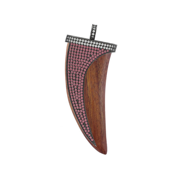 925 Sterling Silver Pink Ruby Gemstone Pave Diamond Horn Wooden Pendant Jewelry