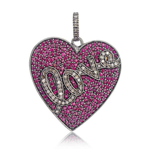 Solid 925 Silver Natural Ruby Pave Diamond Heart Love 18" Chain Pendant Jewelry