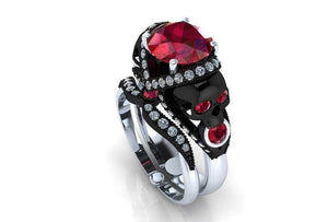 2.8Ct Red Round Cut Black Skull Engagement Ring Wedding Band Set Sterling Silver