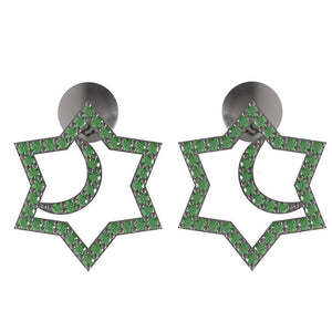 Fine 925 Silver 0.86ct Pave Chrome Diopside Star Half Moon Stud Earrings Jewelry