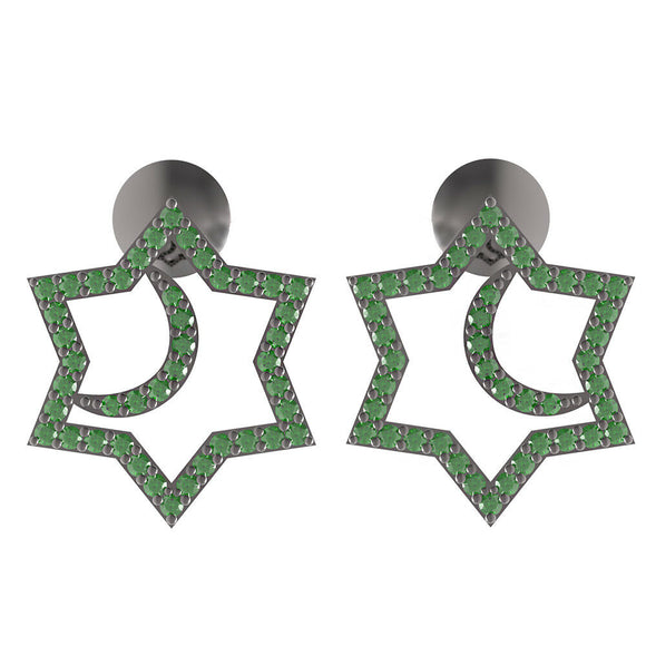 Fine 925 Silver 0.86ct Pave Chrome Diopside Star Half Moon Stud Earrings Jewelry