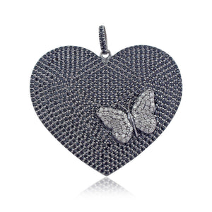 Pave Black Spinel Diamond 925 Silver Butterfly Heart Pendant 18" Chain Jewelry