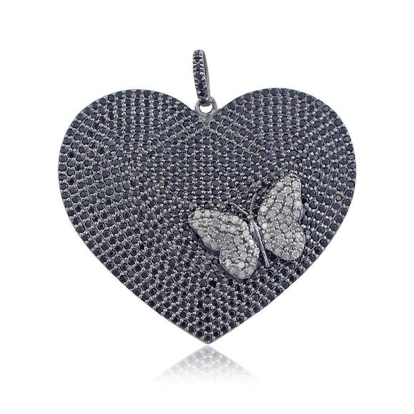 Pave Black Spinel Diamond 925 Silver Butterfly Heart Pendant 18