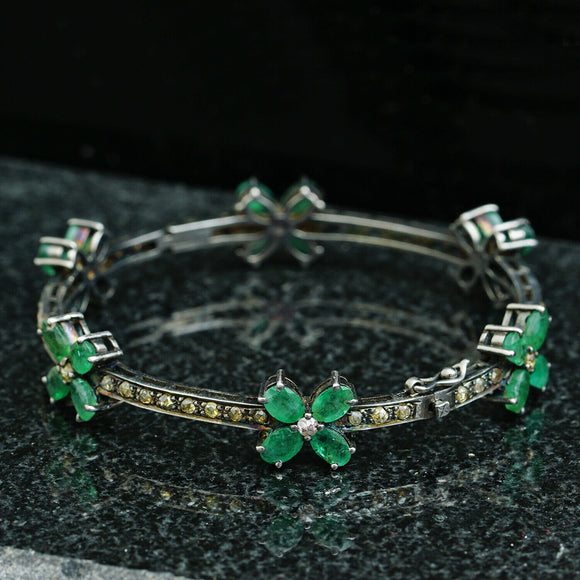 Floral Design Pave Diamond Emerald Bangle Bracelet 925 Silver Handmade Jewelry