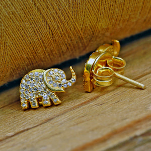 Handmade Gold Plating 925 Silver Elephant Stud Earrings Diamond Animal Jewelry