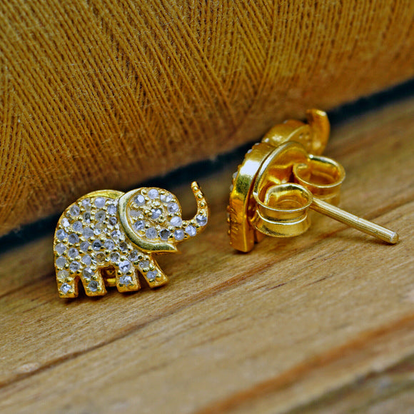 Handmade Gold Plating 925 Silver Elephant Stud Earrings Diamond Animal Jewelry