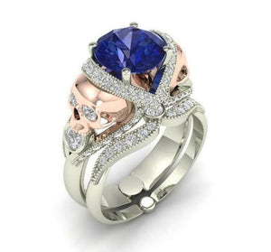 Engagement Ring Wedding Band Set 2.8Ct Blue Round Cut Skull Sterling Silver Ring