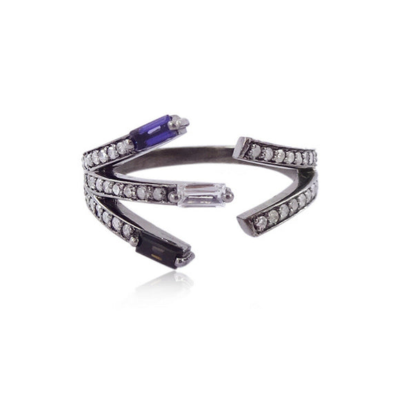 0.43cts Natural Amethyst Topaz Baguette 925 Silver Pave Diamond Ring Jewelry